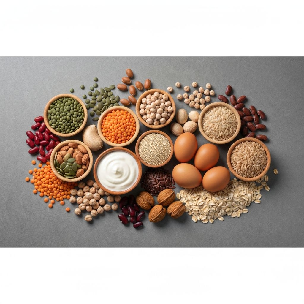 Array of diverse protein sources: legumes, nuts, seeds, whole grains, yogurt and eggs arranged artfully on neutral background