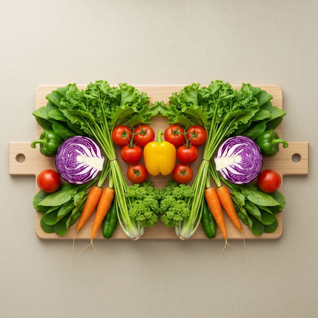 Balanced arrangement of fresh colorful vegetables and fruits on wooden surface