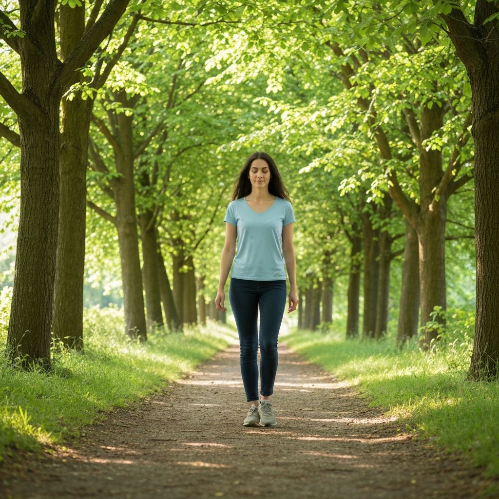 Person walking calmly on a tree-lined path in peaceful outdoor setting with natural dappled sunlight